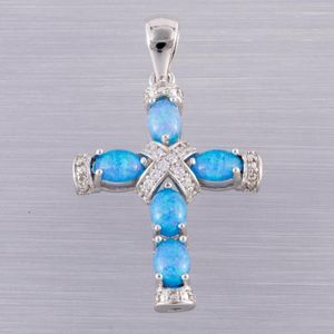 Pendant Necklaces Latin Cross Ocean Blue Fire Opal Cabochon CZ Silver Plated Jewelry For Women NecklacePendant NecklacesPendant