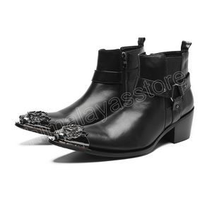 ブリティッシュスタイルの黒い尖ったつま先カウボーイショートブーツフォーマルなビジネスシューズメンズ本革の足首ブーツプラスサイズ