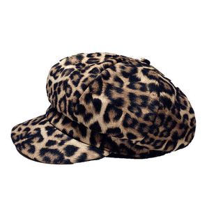 Kobiety Leopard Print Beret Hat Winter Warm Painter Cap Cap Retro British Style Ośmiotkalny kapelusz morski gazeta dla chłopców kapelusz J220722