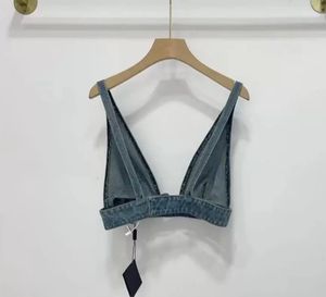 moda lüks bayan tasarımcıları tişörtler metal üçgen rozeti ile iç çamaşırı seksi derin v denim sling tüpü üstleri kadın giyim