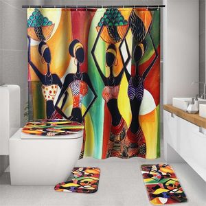 Geometry Cartoon African Woman Bathroom Non-slip Mat Set Durable Waterproof Shower Curtain Pedestal Rug Lid Toilet Cover 220429