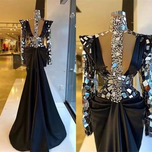 Dubai Svarta Höghalsade Kristall Aftonklänningar 2022 Långärmad afrikansk satin Plus Size Sjöjungfru Formella Balfestklänningar Robe De Soiree B0630