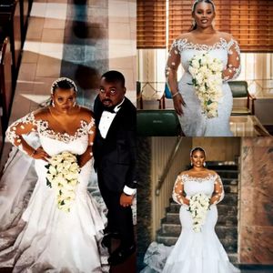 2022 Abiti da sposa taglie forti africani Abito da sposa a sirena Scollo rotondo Maniche lunghe Cristalli Applique in pizzo Custom Made Sweep Train Vestido De Novia B0323