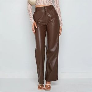 Европа высокая талия клубная одежда PU кожаные брюки ZIP передние карманы классические чистые широкие ноги сексуальные коричневые зимние женщины брюки 220325