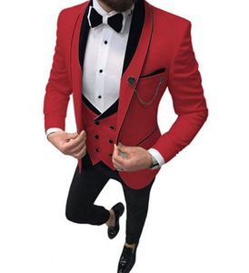 Yepyeni kırmızı damat smokin smawn lapel ince fit sağdıçlar gelinlik mükemmel adam ceket blazer 3 adet takım elbise ceket pantolon yelek 1296