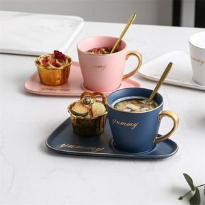 Nordic ceramic coffee cup and saucer set breakfast snack afternoon tea tableware tray creative European light luxury cup T200506