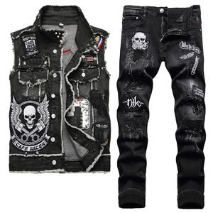 2022 Tracksuits Black Skull Embroidered Men's Two Piece Jeans Sets Fashion Casual Lapel Denim Vest and Ripped Hole Pants Punk Conjuntos de hombres
