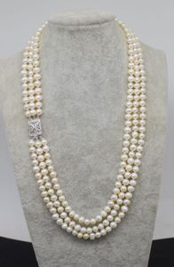 Hand knotted necklace 2rows 3rows white near round 7-8mm 19-21inch natural freshwater pearls fashion jewelry