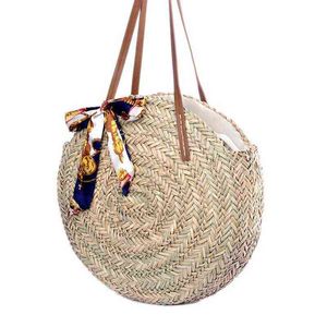Handmade Rattan tecido redondo mão tricô bolsa moda saco de palha corda de malha casual bolsa de ombro verão praia tote cachecol g220607