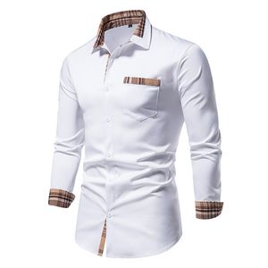 Koszule męskie parklees jesienne kratą patchwork formalne koszule dla mężczyzn szczupłe białe guziki z długim rękawem