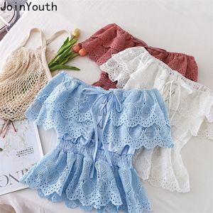 Joinyouth Womens Blouses Crop Tops Bandage Blusas Lace Flower Ruffles Off Shoulder White Blouse Sexy Korean Tunic Shirts Clothes 210226