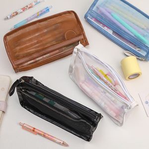 Transparent Mesh Pencil Bag stor kapacitet Pencilbox Rektanglar och trianglar påse för student