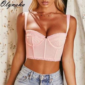 Fashion Solid Crop Top Woman Mesh Patchwork Camis Autumn Streetwear Shorts Tops Pink Slim Croped Tank Top Femme 210326
