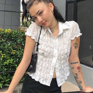 Top Women White Shirt Ruffle Lace Se genom blusar Slå ner Collar Shirts Short Sleeve Tees Street Clothing 220321