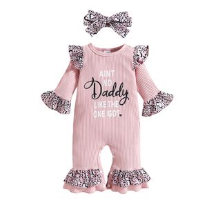 LIORITIIN 0-18M Född spädbarn 2st Baby Girls Outfit Letter Leopard Print O-Neck Flare ärmar Jumpsuit pannband 220525