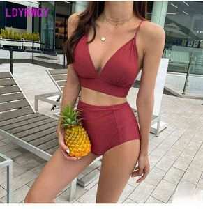 LDYRWQY 2021 new Japanese and Korean solid color high waist sexy big breasts gather strappy bikini swimsuit two-piece suit Y220420