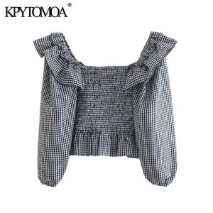 KPytomoa Women Fashion Elastic SMOCKED RUFFLED CRUPED BLOUSES Vintage Lantern Sleeve Plaid Female Shirts Blusas Chic Tops 210226