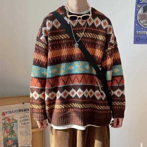 メンズセーターHouzhou Men's Knitte vintageグラフィックセーターパターンブラウン220823
