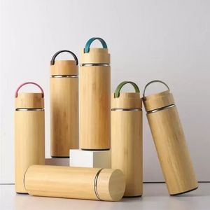 Estoque! Creative Bamboo Water Bottle Vacuum Isoled Stainless Copo com copo de madeira de madeira com tampa de madeira