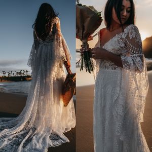 Floral Lace Boho Wedding Dress With Flare Long Sleeve Sexy Backless Deep V Neck A Line Bridal Gowns Ivory Fairy Bohemian Beach Bride Dresses 2022