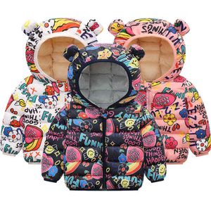 2021 Winter Girls Jacket Cartoon Flor Love Padrão Mantendo o Hap Hooded Down para crianças Presente de aniversário para crianças Juas de roupas J220718