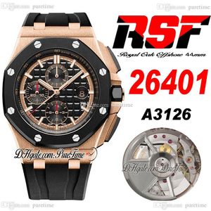 RSF 44mm 2640 A3126 Cronógrafo automático Mens assista Moldura de cerâmica Rose Gold Black Textury Dial Markers Stick Stick Super Edition PureTime B2