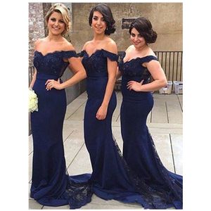 Donanma Mavi Kadınlar Nedime Elbisesi Dantel Kapalı Omuz Mermaid Sweep Tren Korse Kapalı Düğme Geri Zarif Uzun Resmi Elbise
