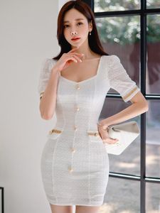 Party Dresses Korean Elegant Women Evening Dress Chic White Sheer Square Collar Short Sleeve Bodycon Slim Mini Club Lady Femme Mujer Vestido