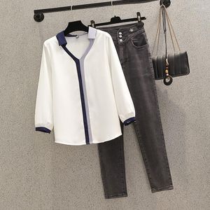 Dwuczęściowe spodnie damskie Plus size 2 kombinezon wiosenny jesień biuro w dekolcie w dekolcie z długim rękawem dżinsowa koreańska top koszula ołówek dżinsy dla kobiet garnitury