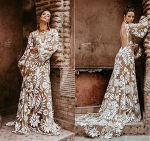 Wholesale beach wedding dresses for sale - Group buy Vintage Bohemian Wedding Dresses Sexy Backless Sweep Train A Line Appliqued Boho Lace Bridal Gowns V Neck Long Sleeve Country Wedding Dress