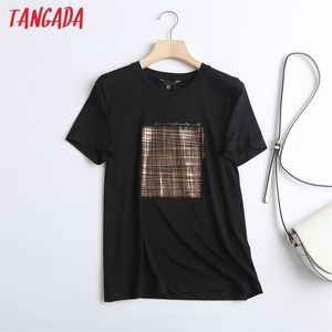 Tangada Mulheres Carta Preta Impressão Dourado Cotton T Shirt Manga Curta Tees Ladies Casual Tee Street Wear Top 6D04 220328