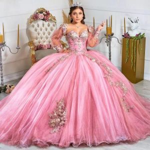 Rosa quinceanera klänningar med långa ärmar 3d blommig spets applikation pärlstav kristall älskling halsringning prom boll klänning födelsedagsfest vestidos de 16