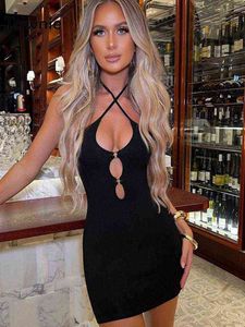 Tawnie sexy halter oco fora backless bodycon mini vestido mulheres casuais bandage mangas vestidos vestidos de festa 2022 verão y220401