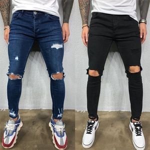 Men Jeans Black Blue Cool Skinny Knee Hole Ripped Stretch Slim Elastic Denim Pants Solid Color High Street Style Trousers Man 220408