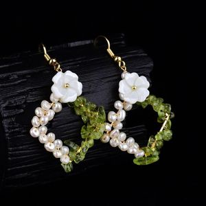 Dangle & Chandelier Handmade Earrings Natural Pearl Peridot Contrast Color Stitching Diamond-shaped For WomenDangle
