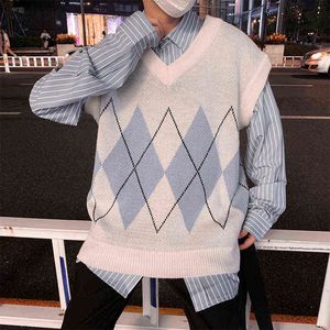 Argyle Sweater Yelekler Erkek Preppy Style Örme V Moda V Boyun Sonbahar Kolsuz Yumuşak Unisex Erkek Jumperlar Çift Büyük Boy Popüler L220730