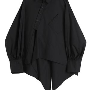 [EAM] Frauen Schwarz Unregelmäßige Große Größe Bluse Revers Langarm Lose Fit Hemd Mode Frühling Sommer 1DE0299 220407