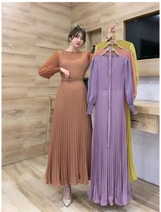 Herbst neue frauen langarm casual kleid oansatz plissiert hohe taille mit gürtel schärpen maxi lange vestidos einfarbig