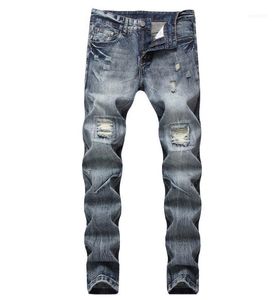 Jeans masculinos Chegada reta Brilhas rasgadas Blue Fashion Denim angustiado Big US Tamanho 28-42