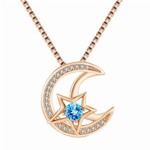 Medaillons Mond Sterne Blauer Kristall Zirkon Diamanten Edelsteine Anhänger Halsketten Für Frauen Mädchen Roségold Farbe Halsband Kette Modeschmuck