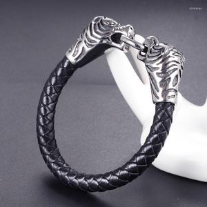 Herren-Armband aus Edelstahl mit Tigerkopf-Titan-Motiv, geflochtenes Lederband, für Jungen, Geschenk, Schmuck, Charm-Armbänder