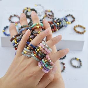 Natural Stone Beads Rings Adjustable Gold Stainless Steel Bead Crystal Amethyst Rose Quartz Gemstone Ring for Women Men Fashion Jewelry