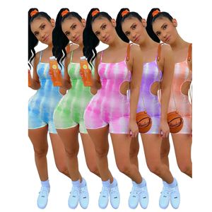 Novas Chegadas Tie Dye Oco para fora Macacão Bodycon para Mulheres Sem Mangas Sling Shorts One Piece Jumpsuits L2141