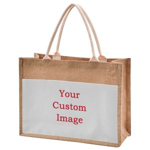 Borsa in iuta modello personalizzato con manici Borsa in tela portatile con cerniera Borsa retrò fai da te per donna Shopping Borsa della spesa multisize 220707