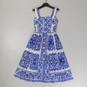 Dorywczo sukienki 2022 Kobiety Letnia Sukienka Vintage Moda Marka Niebieski Biały Porcelanowy Drukuj Spaghetti Pasek Przyciski Śliczne wakacje