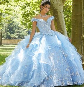 Wholesale images ball for sale - Group buy 2022 Light Sky Blue Beaded Ball Gown Quinceanera Dresses Lace Sequined Off The Shoulder Prom Gowns Tiered Sweep Train Tulle Sweet Masquerade Dress B0609X02