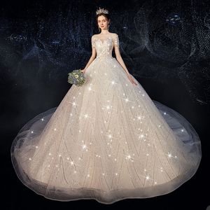 Brilliant Gown Wedding Dresses Jewel Short-Sleeve Illusion Bodice Race Organza Sequins Applique Vestidos de Novia