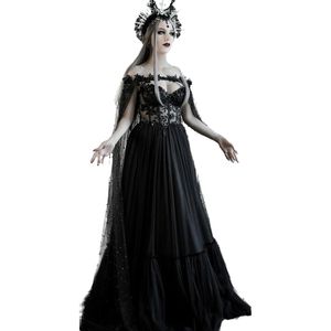 Dark Fairytale Gothic Black Wedding Dress with Cupped Corset Bodice Fantasy A Line Bridal Gowns Medieval Vampire Halloween Wedding2047