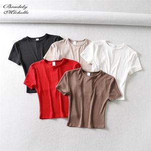 Bredelly Michelleファッションカジュアル夏の女性スリムフィットTシャツタイトコットン半袖Oネックティークロップトップ220328