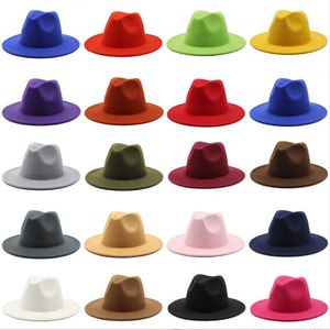 Filt fedora hattar panama cap jazz formell hatt retro ull lady mode solid candy color breda grim mössor unisex trilby chapeau för män kvinnor fedorahat b50-2